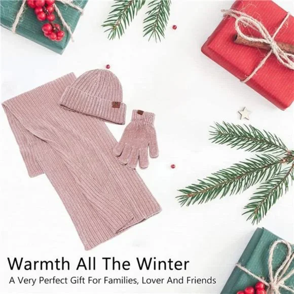 Womens Winter Knit Warm Hat Beanie+Long Scarf+Touch Screen Gloves Set - Picture 5 of 6